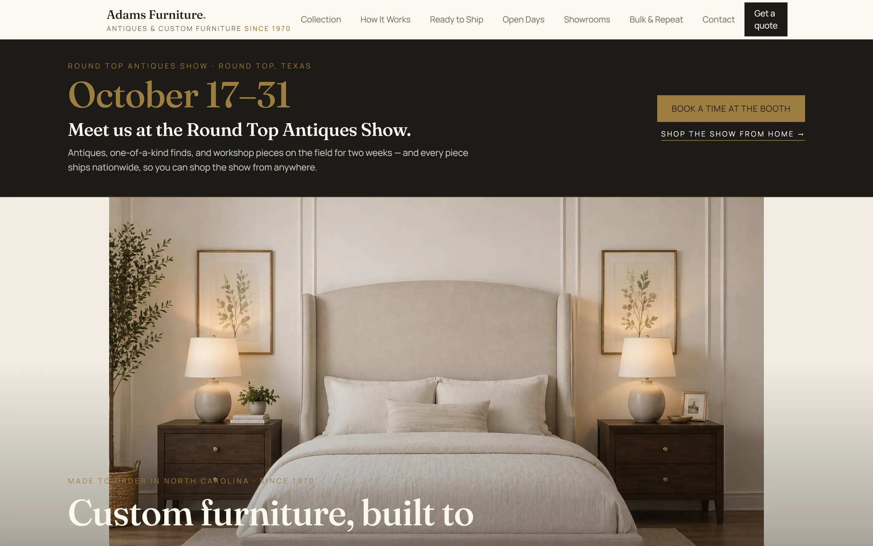 Homepage of the Adams Furniture website