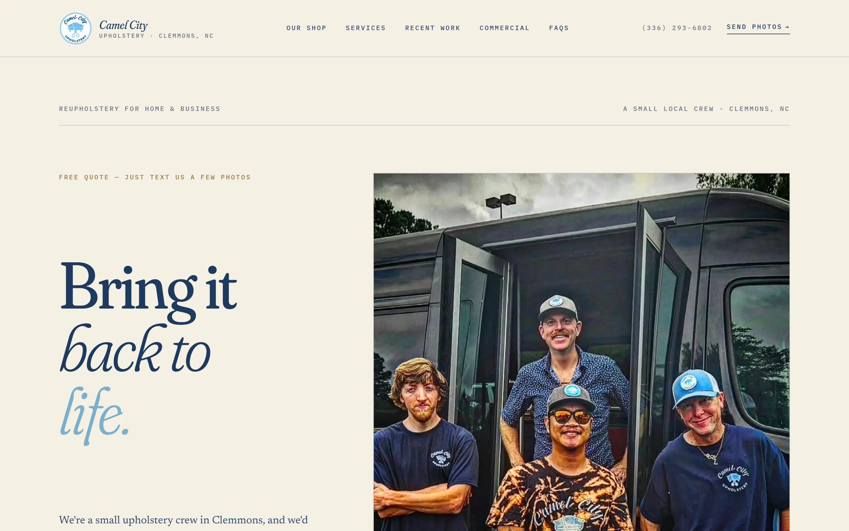 Homepage of the Camel City Upholstery website
